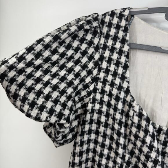 New Arula 1X Black White Gingham Plaid Babydoll Mini Dress Puff Sleeve Preppy - Picture 7 of 13